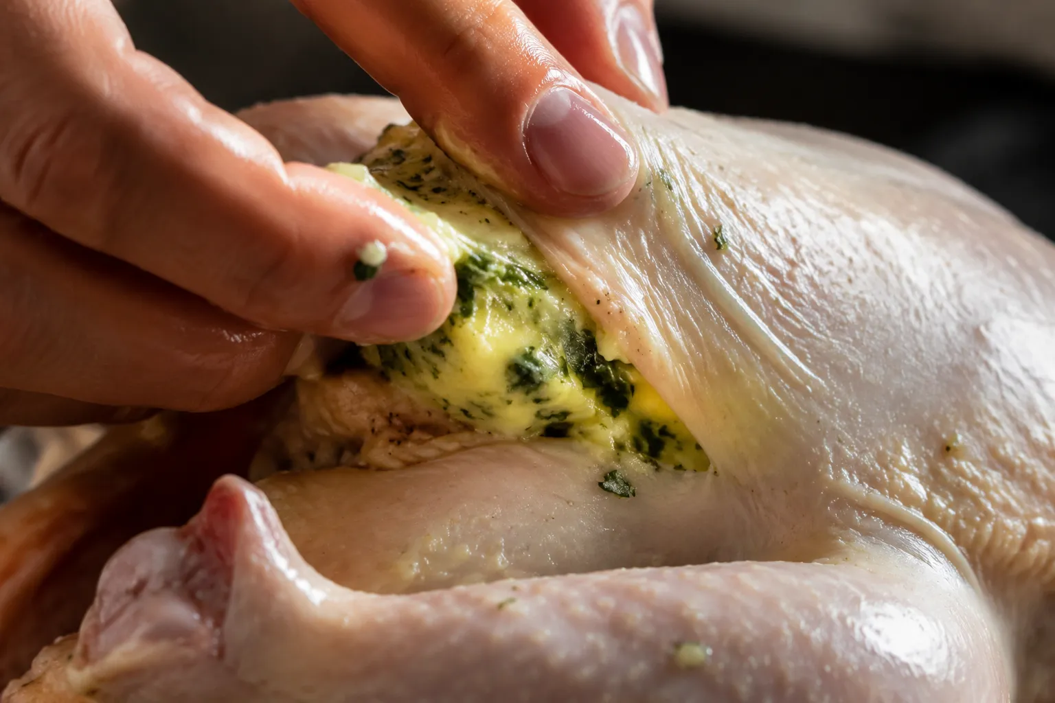 Spreading herb butter under cornish hen skin