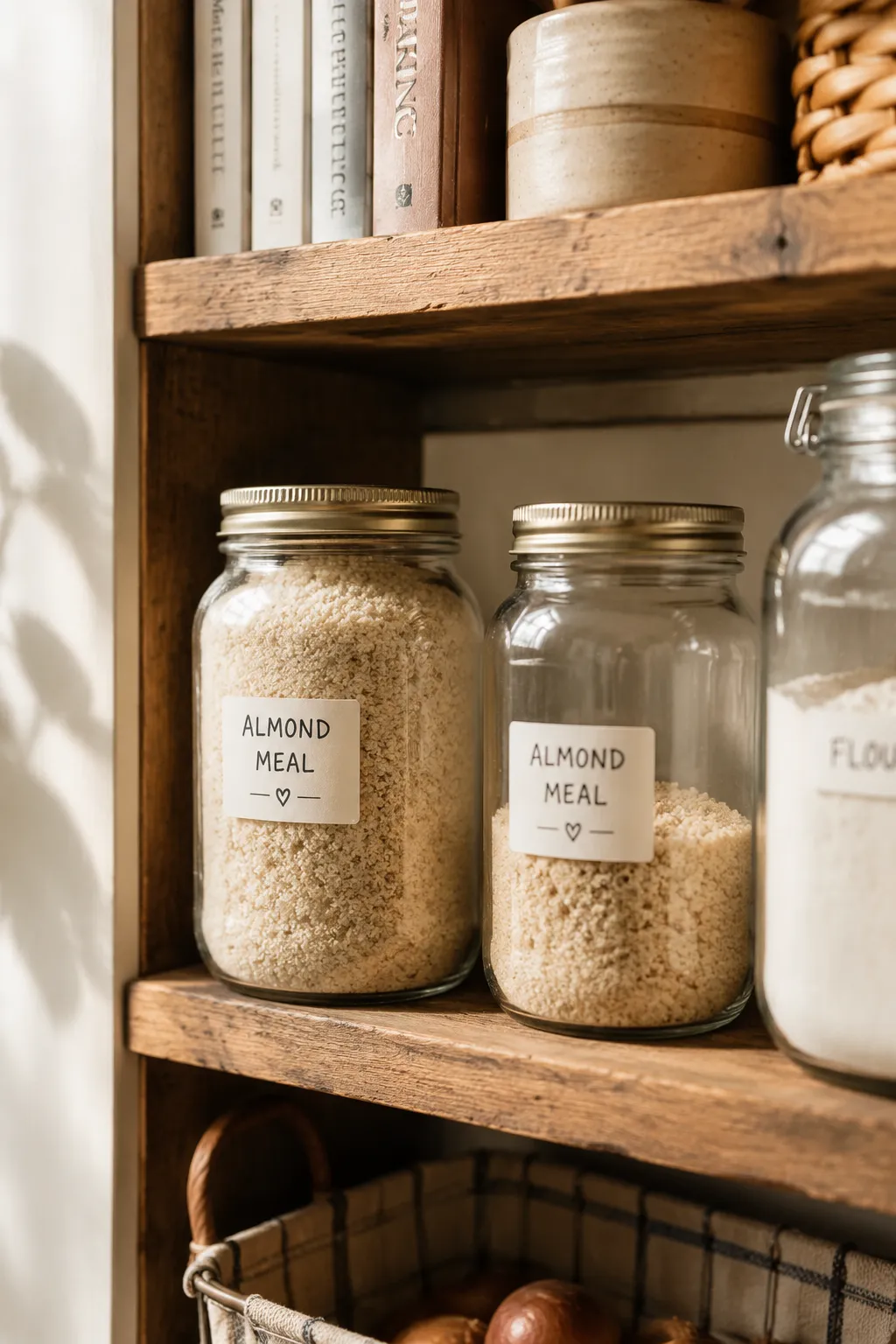Storing almond meal in labeled glass jars on a pantry shelf