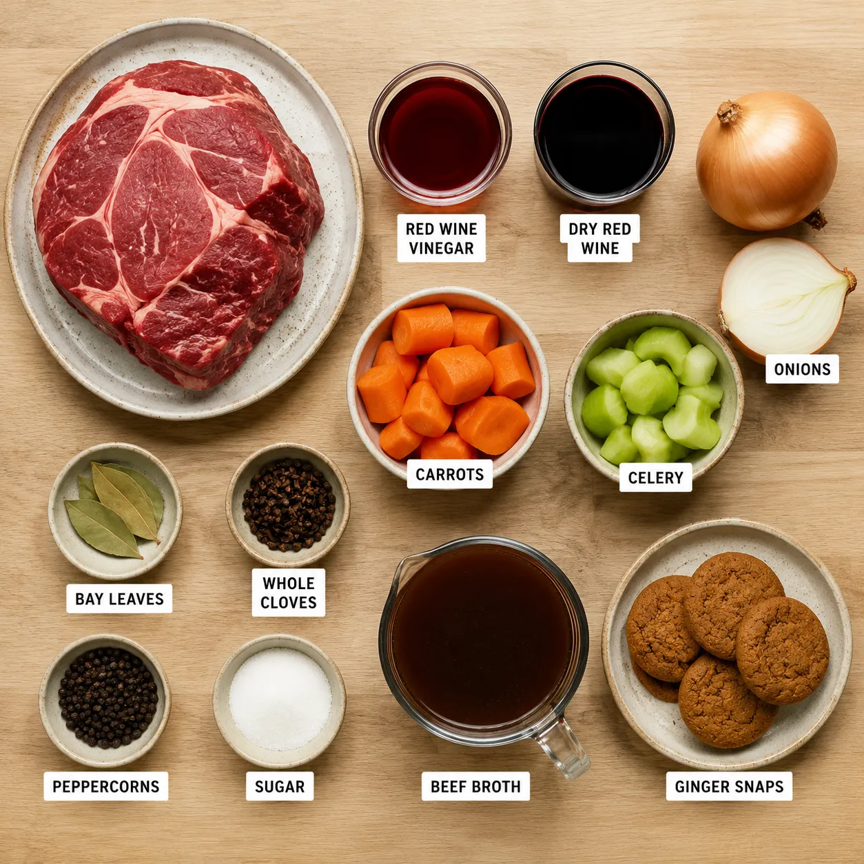 Sauerbraten ingredients with beef roast, vinegar, wine, spices, and ginger snaps