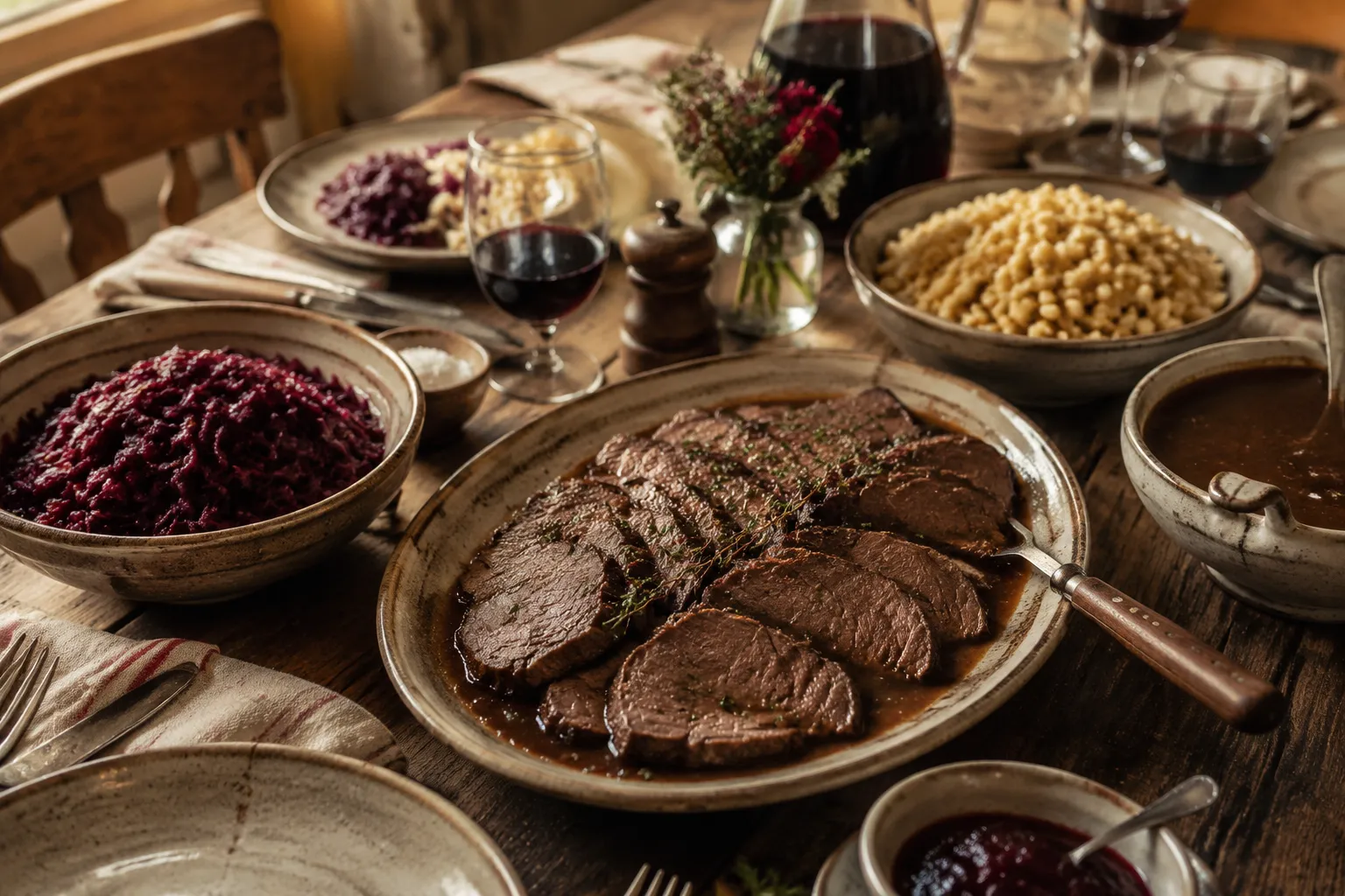 Classic sauerbraten dinner served with red cabbage and spaetzle