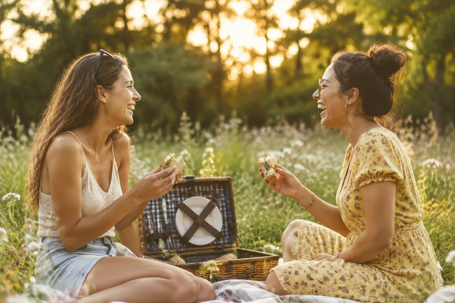 Friends enjoying a picnic basket meal in a sunlit park