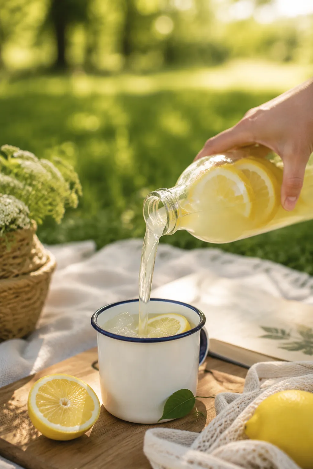 Pouring lemonade at a picnic basket gathering