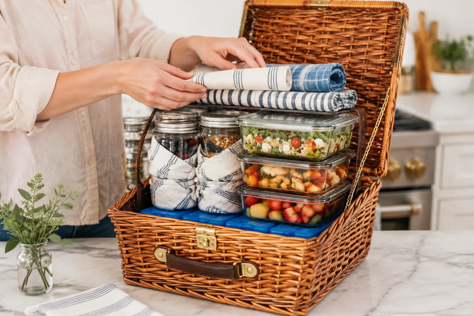 How to pack a picnic basket with ice packs and stackable containers