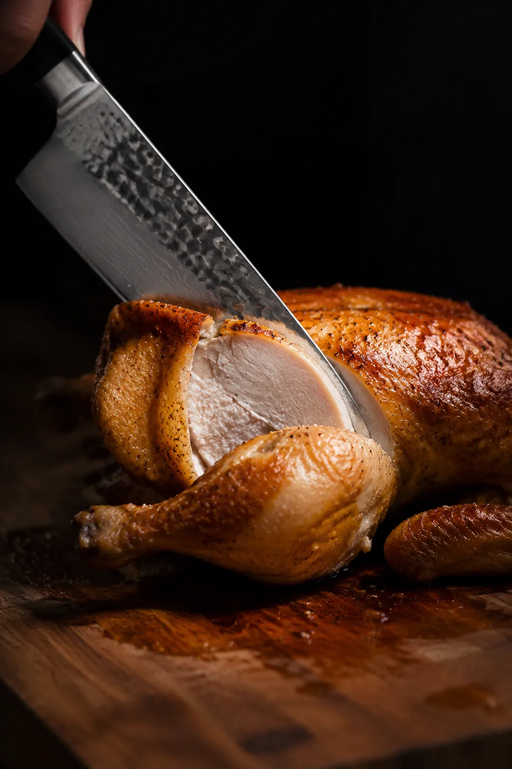 Carving juicy roasted cornish hen showing tender meat
