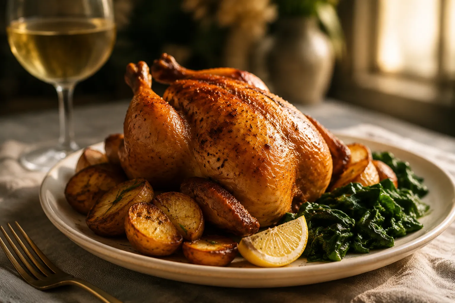 Plated cornish hen dinner with potatoes and greens