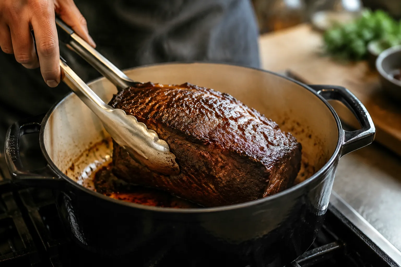 Browning marinated beef roast for sauerbraten in a Dutch oven