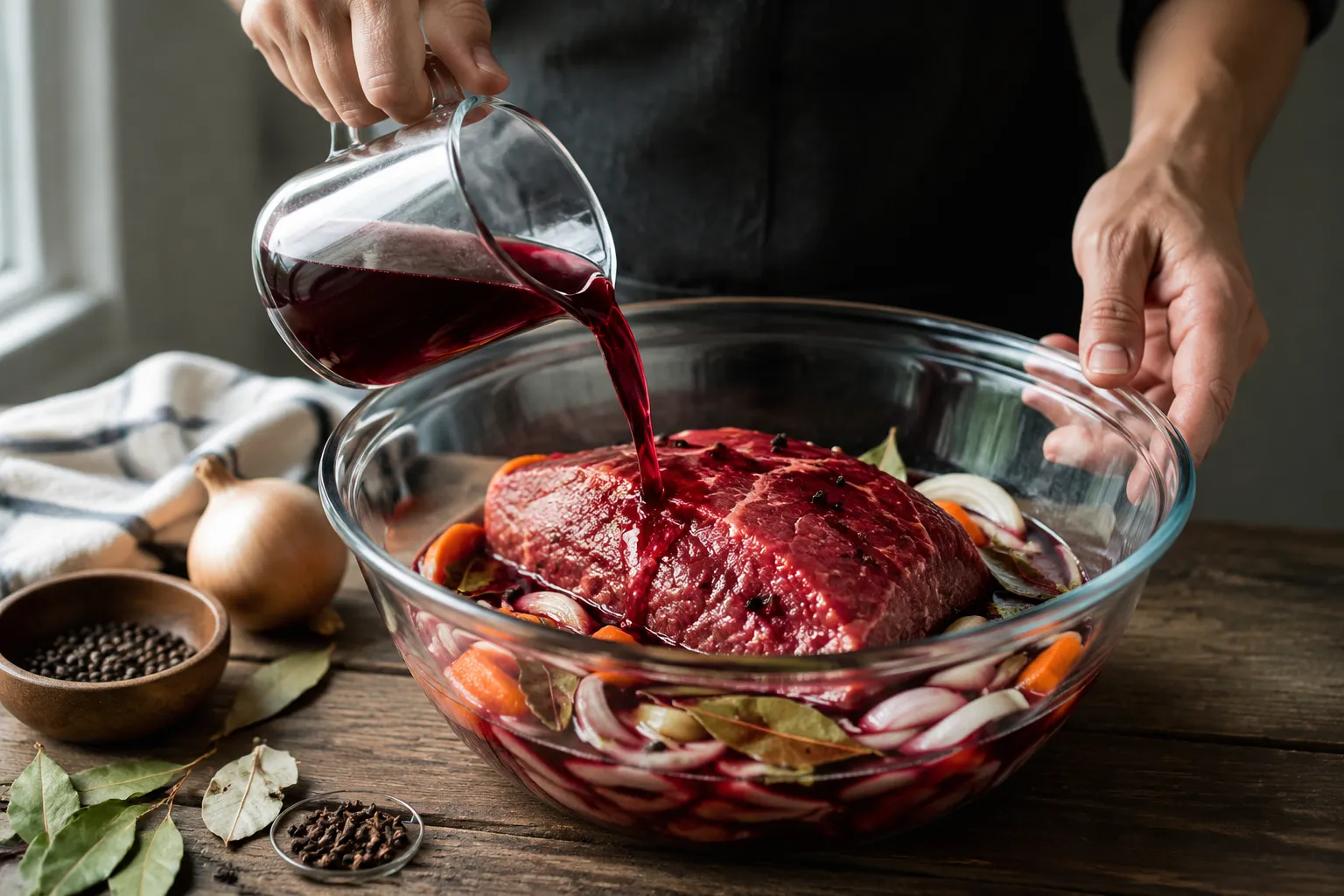 Marinating beef for sauerbraten with vinegar, wine, vegetables, and spices