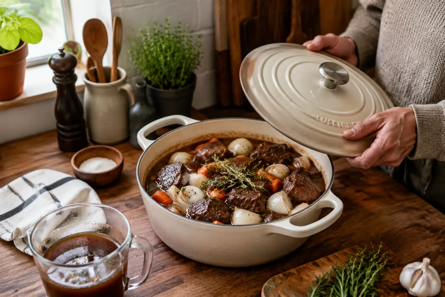 Sauerbraten ready to braise with marinade and vegetables in a Dutch oven