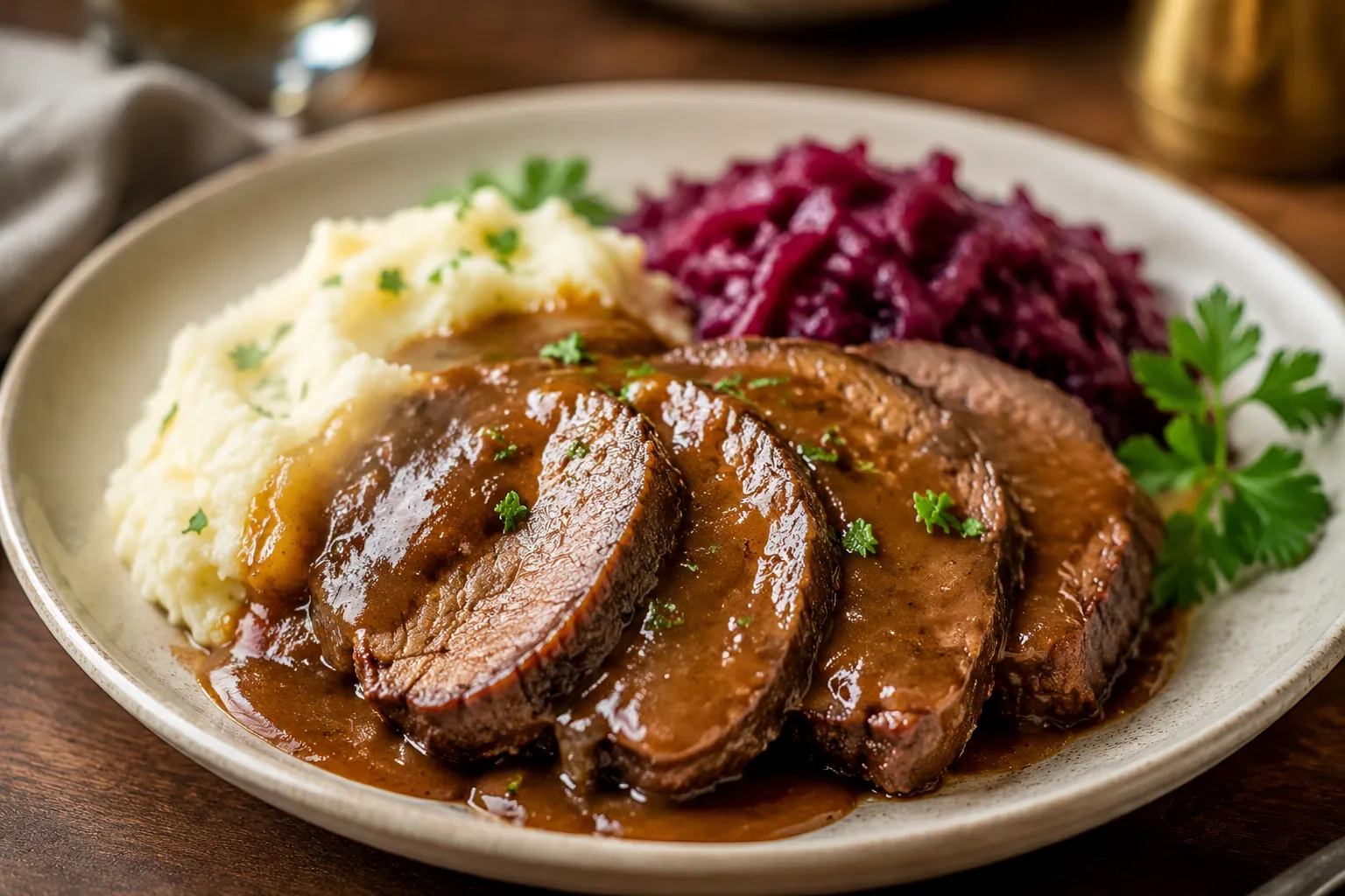 Finished sauerbraten recipe plated with gravy, potatoes, and red cabbage