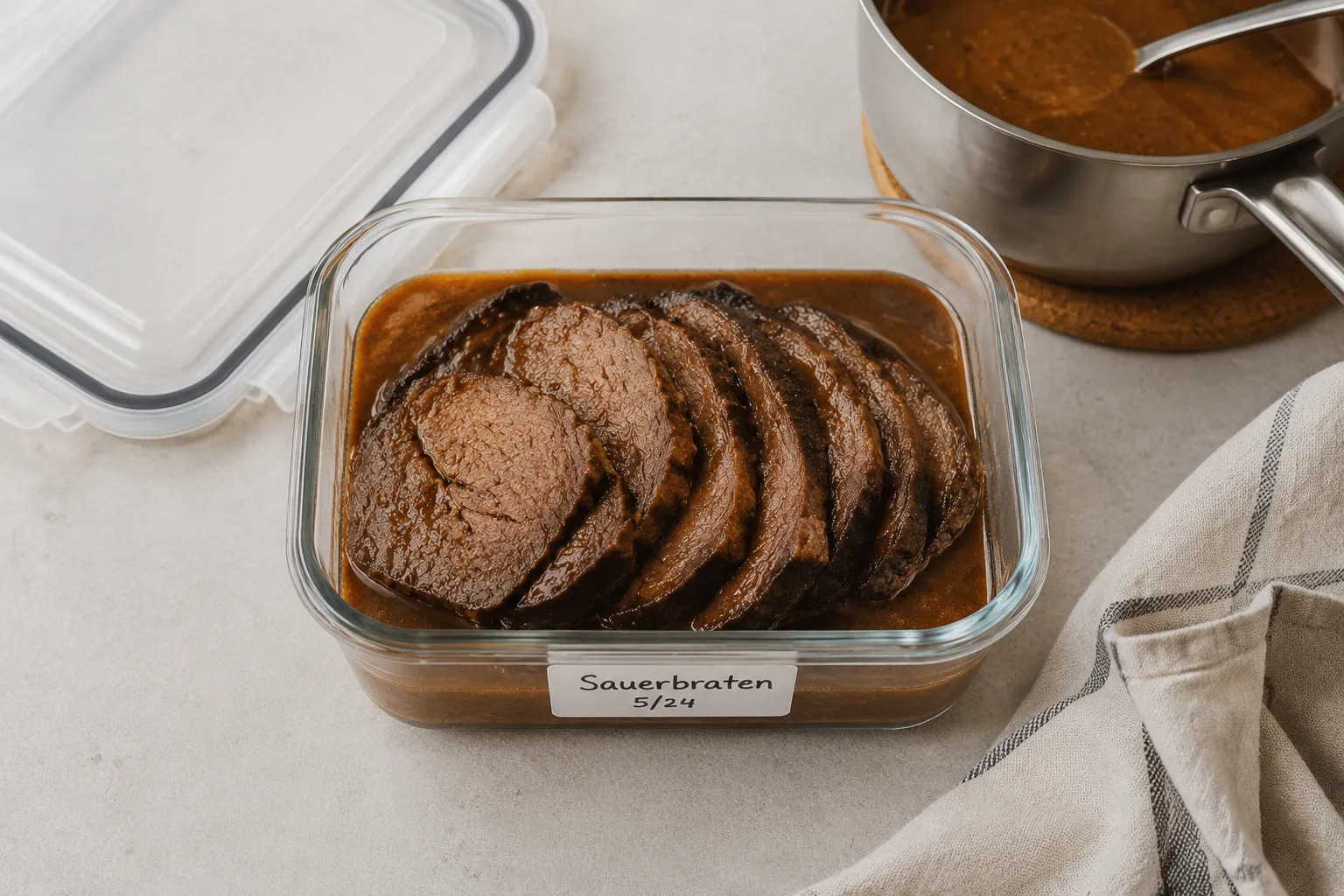 Leftover sauerbraten stored with gravy for reheating