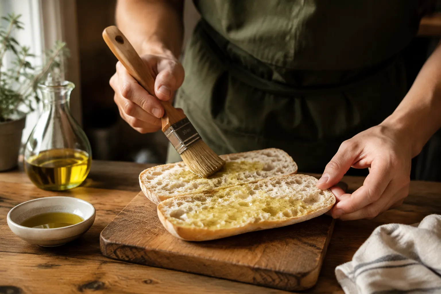 Brushing ciabatta with olive oil before pressing on a panini press