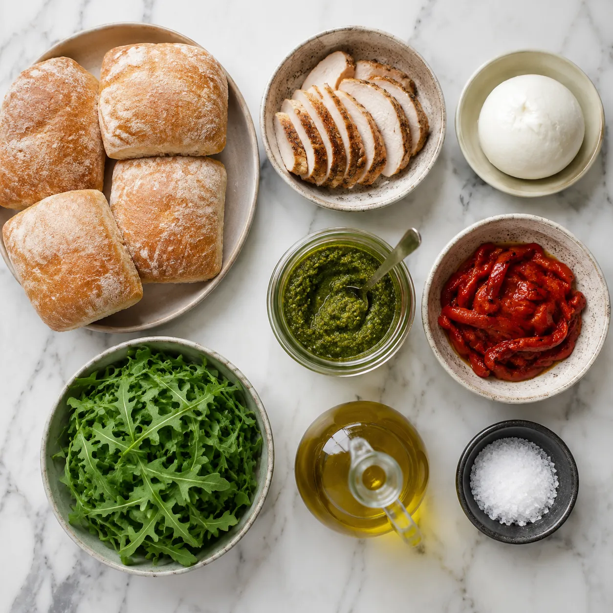Panini press recipe ingredients flatlay with ciabatta, mozzarella, and pesto