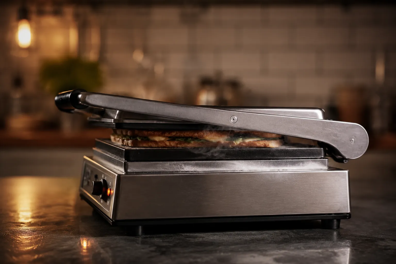 Closed panini press cooking a sandwich with steam escaping
