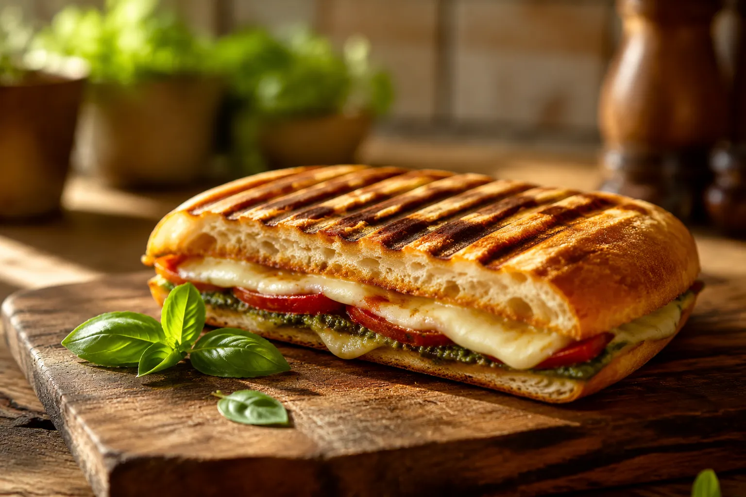 Finished panini press sandwich with golden grill marks