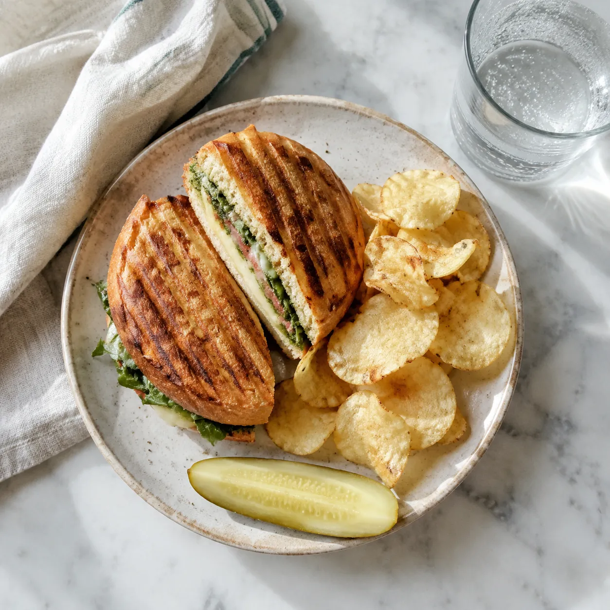 Panini recipe served with chips and a pickle for lunch