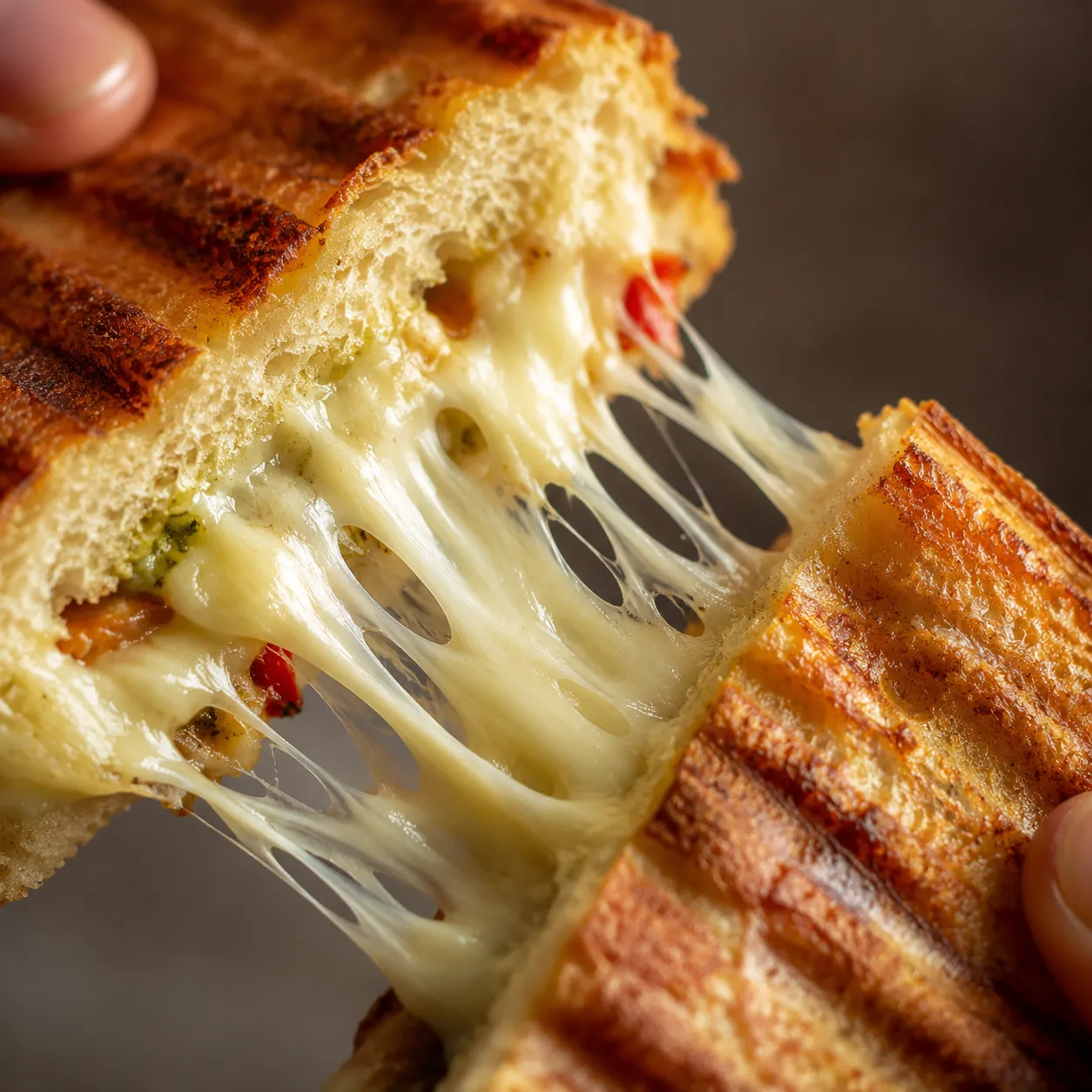Melted mozzarella cheese pull from a panini press sandwich
