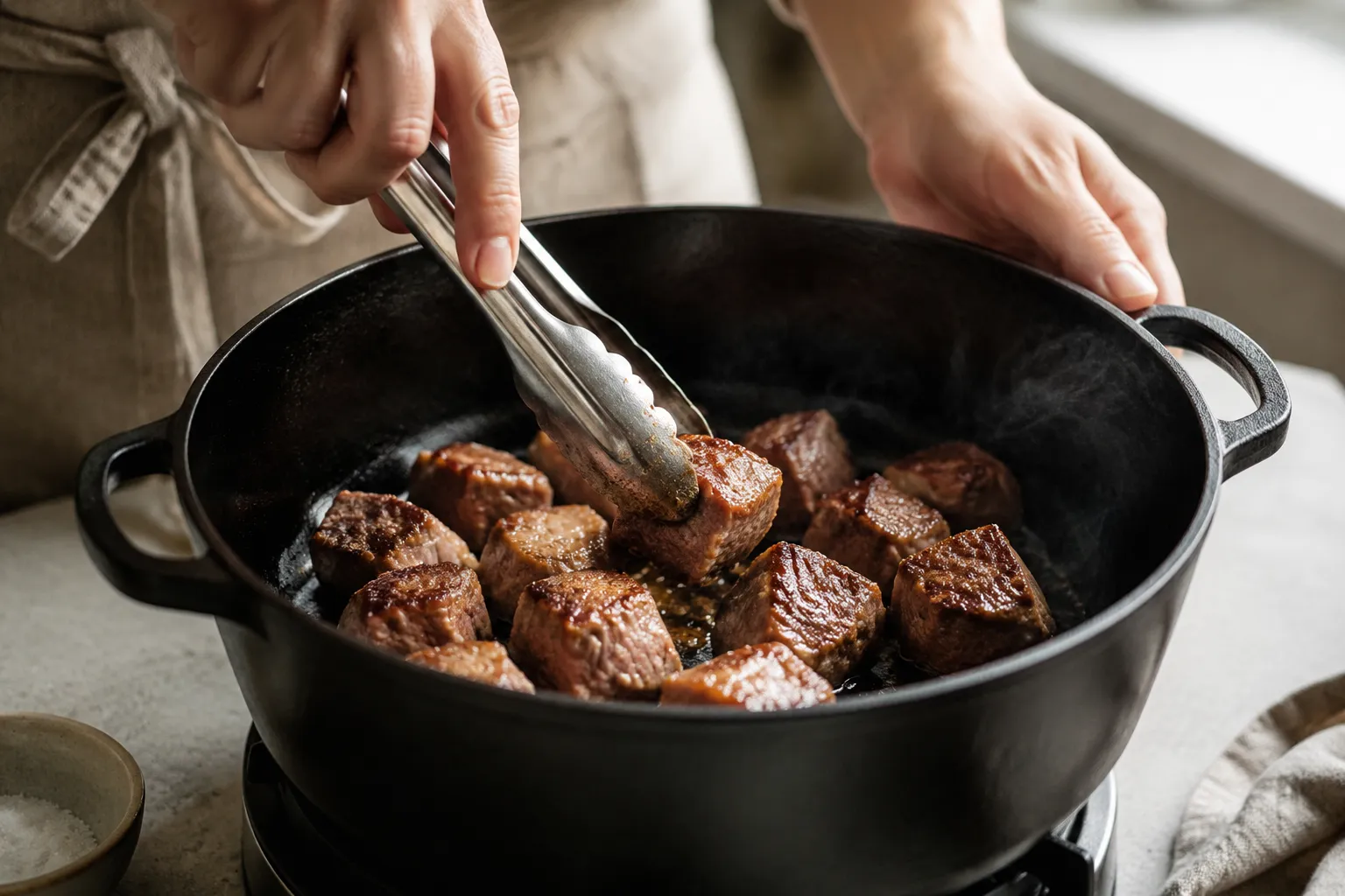 Searing beef chuck cubes for tagine stewing in a Dutch oven
