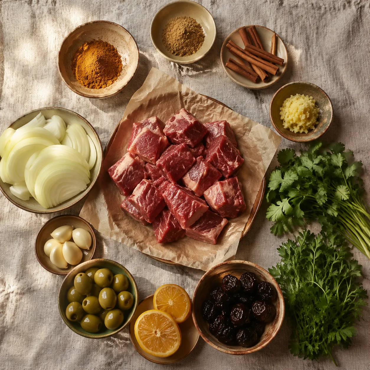 Tagine recipe ingredients flatlay with beef, ras el hanout spices, olives, and preserved lemon