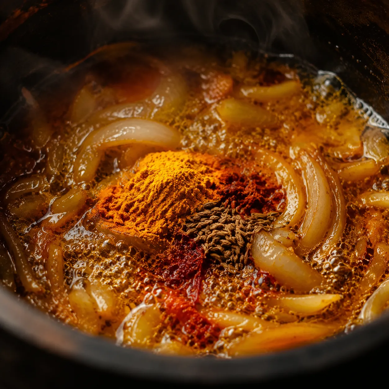 Ras el hanout and cumin blooming in olive oil for Moroccan tagine