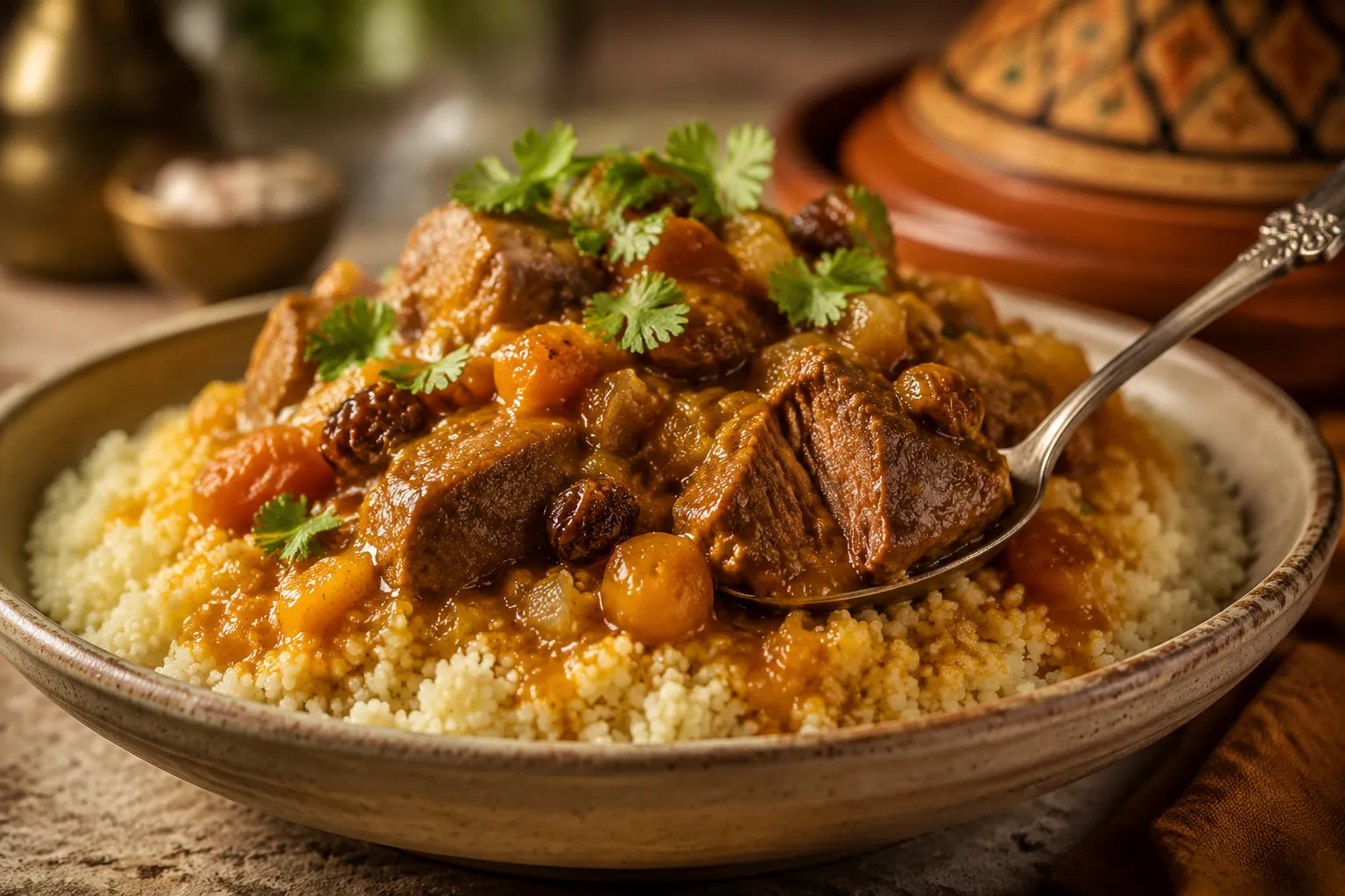 Beef tagine served over fluffy couscous in a stoneware bowl