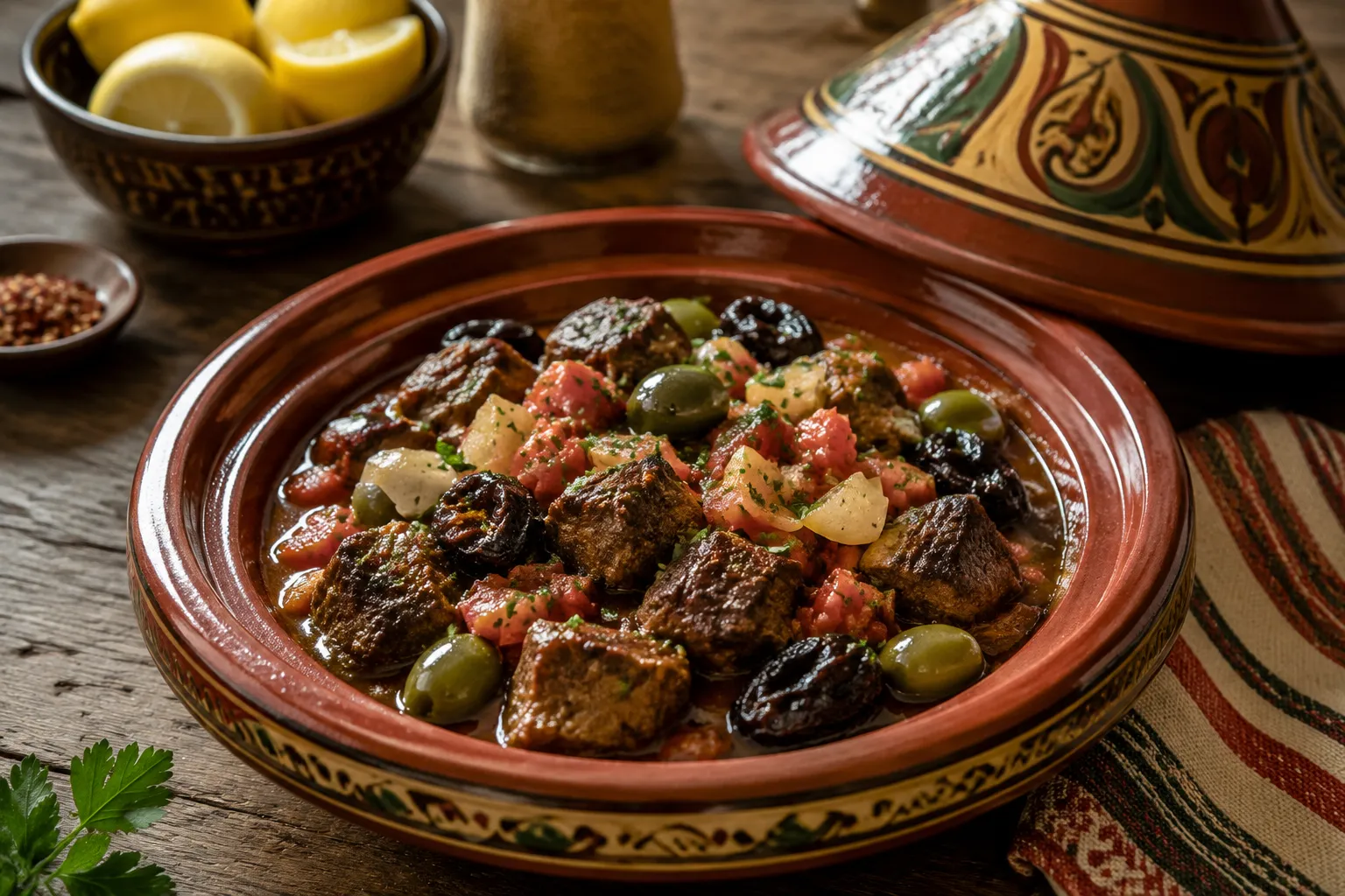 Tagine of beef being assembled with olives, prunes, and preserved lemon