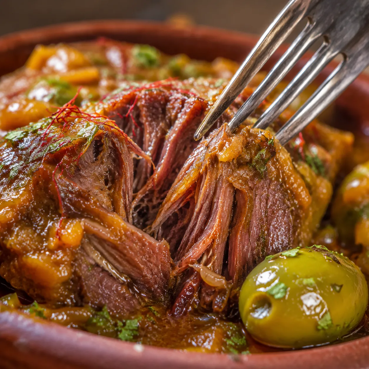 Fork-tender beef pulled apart showing texture of slow-stewed tagine