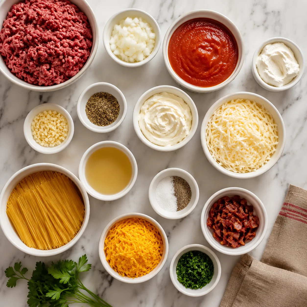 Ingredients for million dollar spaghetti laid out on marble