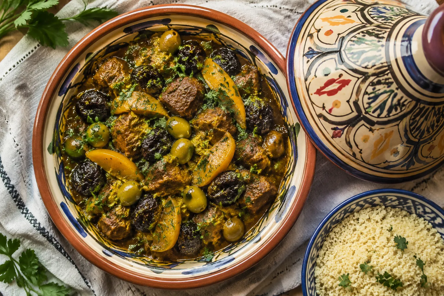 Finished Moroccan tagine recipe with beef, olives, and herbs