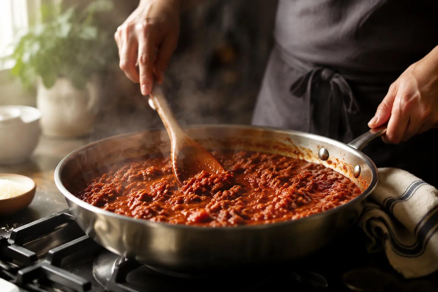 Browning ground beef and marinara sauce for million dollar spaghetti