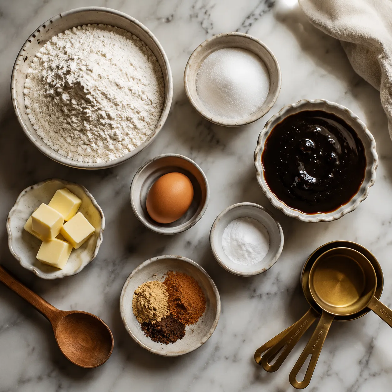Ginger snaps recipe ingredients flatlay with molasses, butter, and warm spices.
