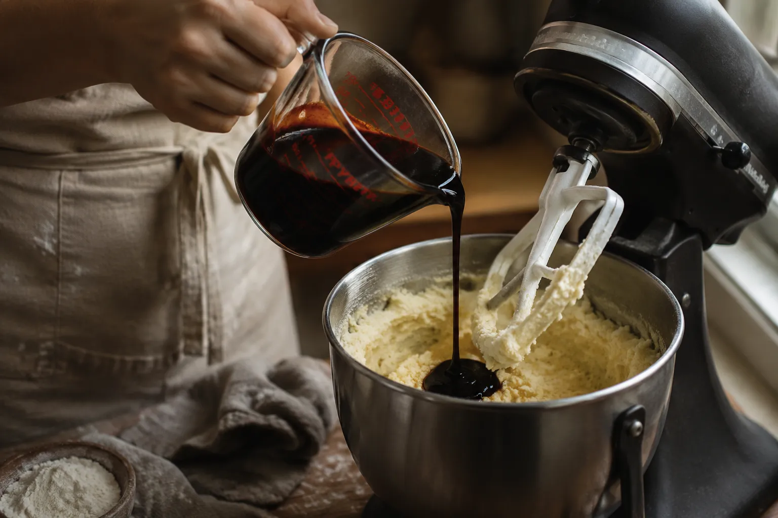 Pouring molasses into creamed butter for gingersnap cookie recipe dough.