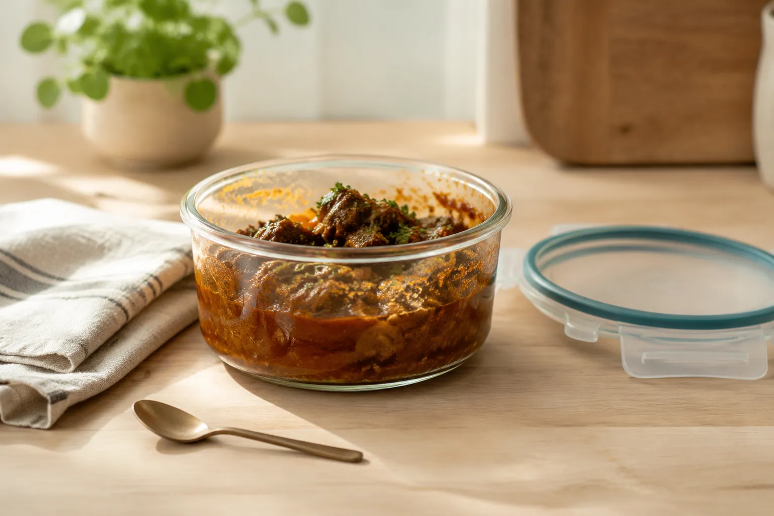 Leftover tagine stored in a glass meal-prep container for the week