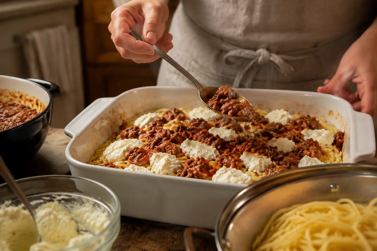 Layering million dollar spaghetti in a casserole dish