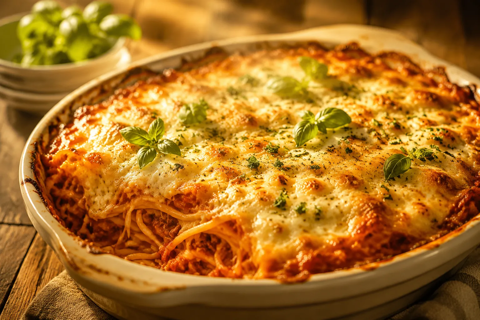 Baked million dollar spaghetti casserole fresh from the oven