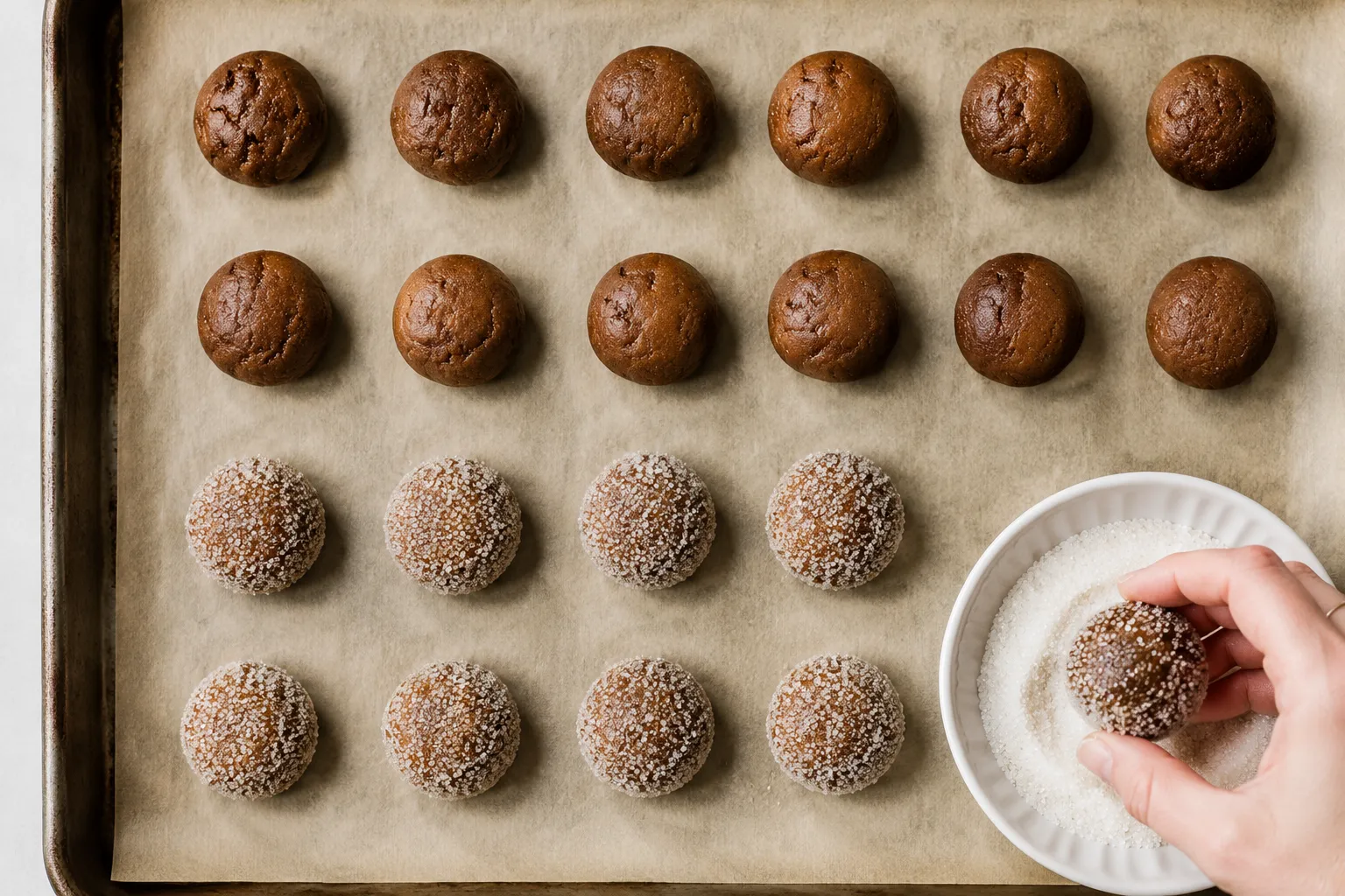Rolling ginger snap cookies dough balls in sugar before baking.