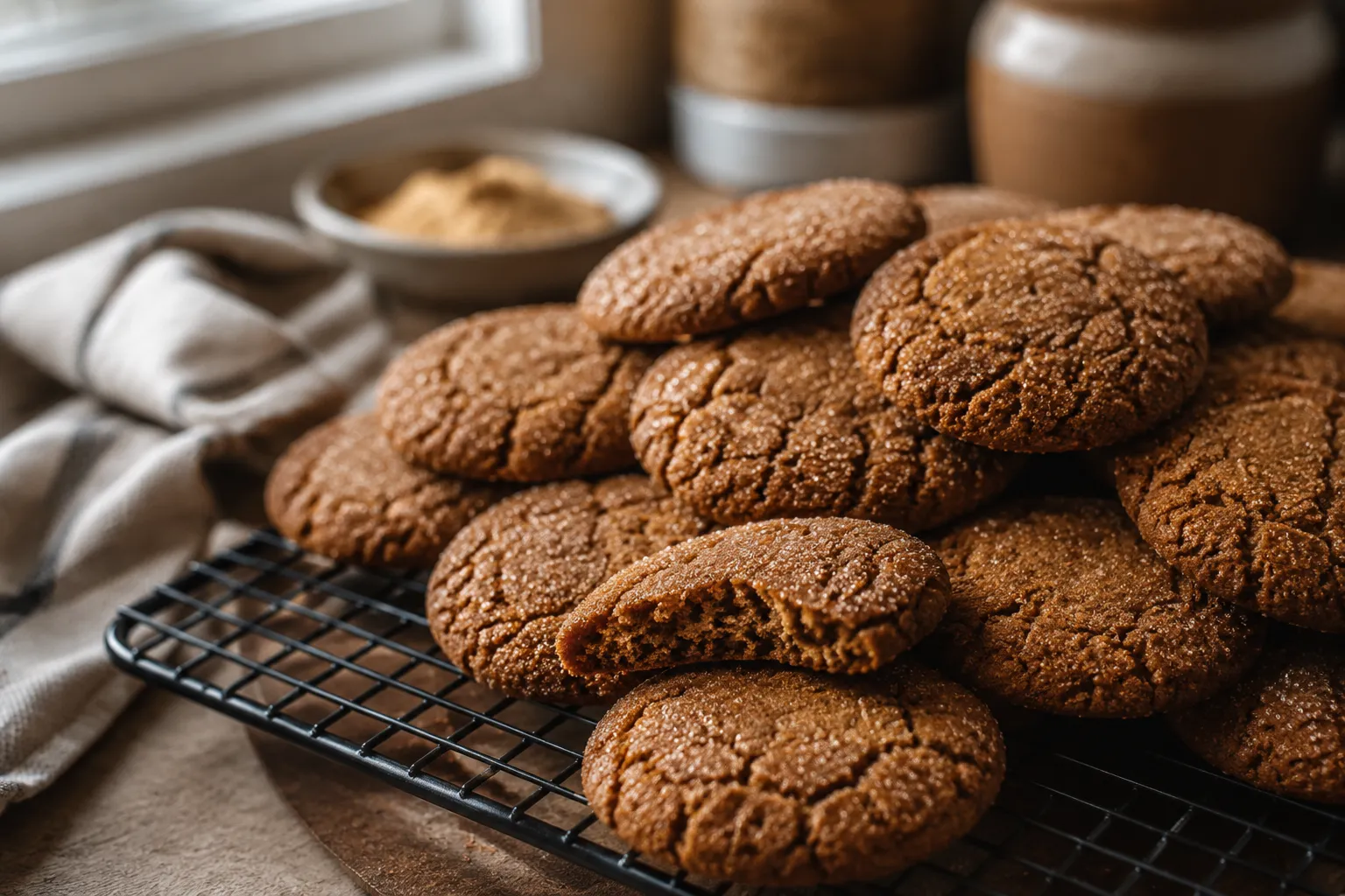Finished ginger snap cookies cooling on a wire rack with one broken open.