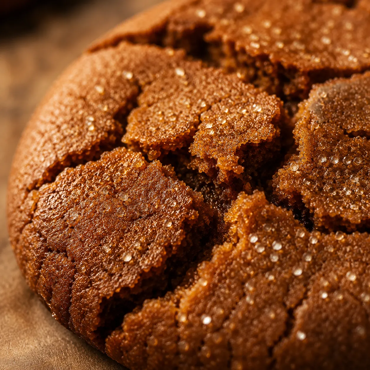 Macro close-up of crackle-top gingersnap cookies fresh from the oven.