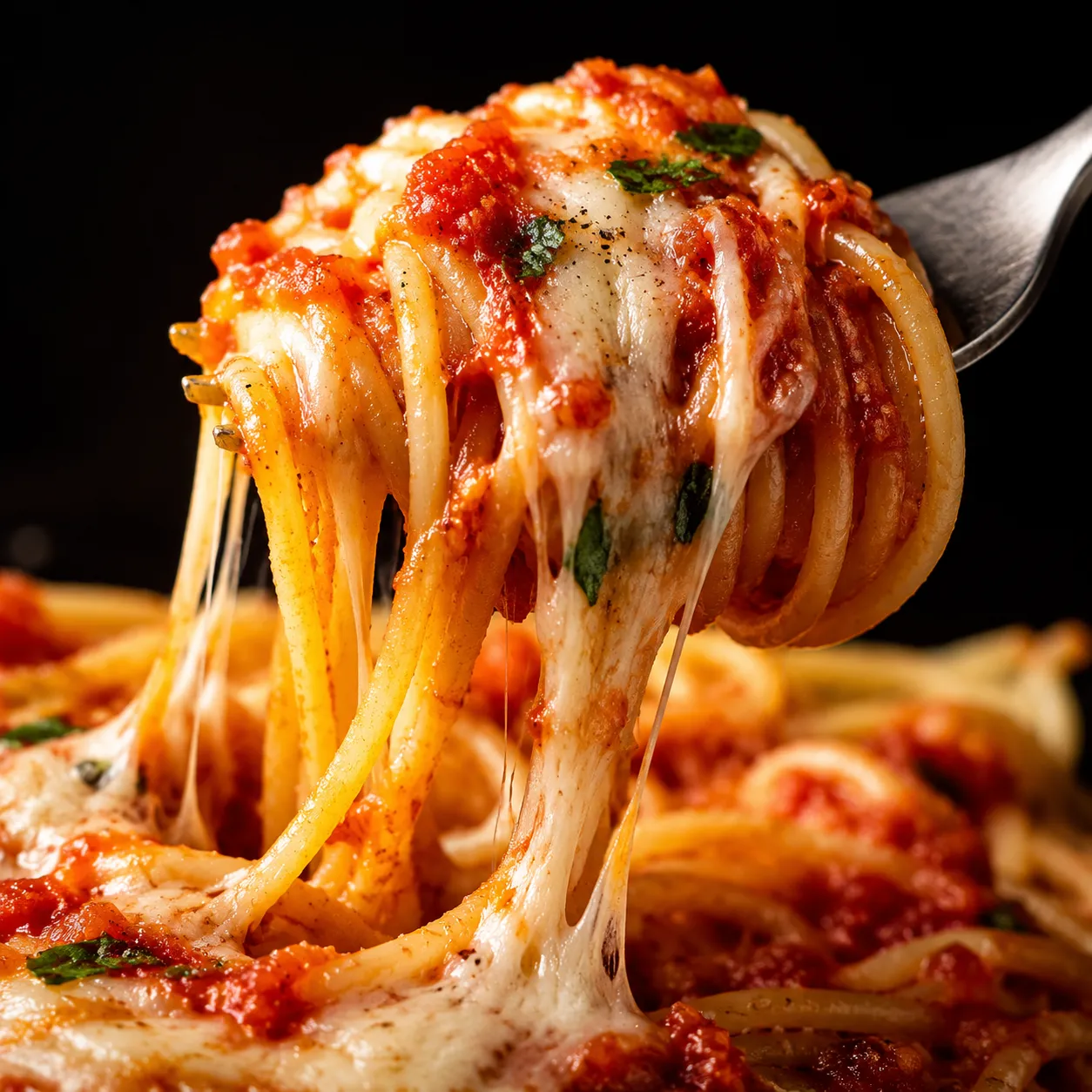 Cheese pull close-up of million dollar spaghetti