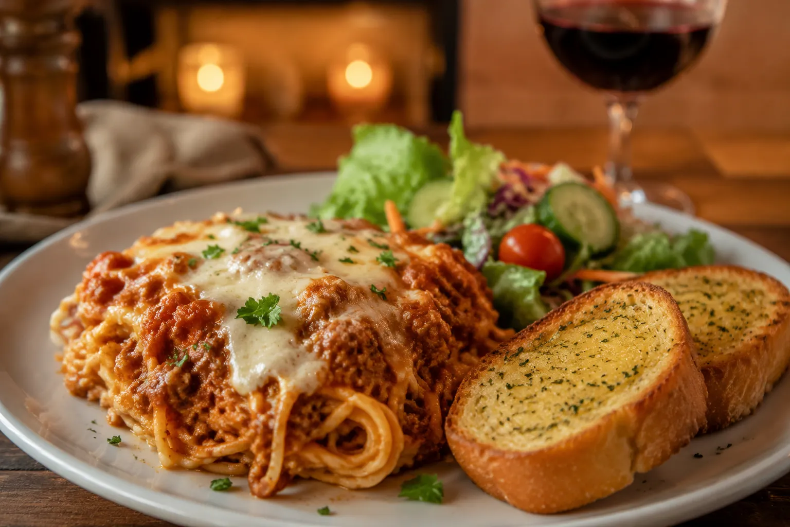 Plated million dollar spaghetti served with garlic bread and salad