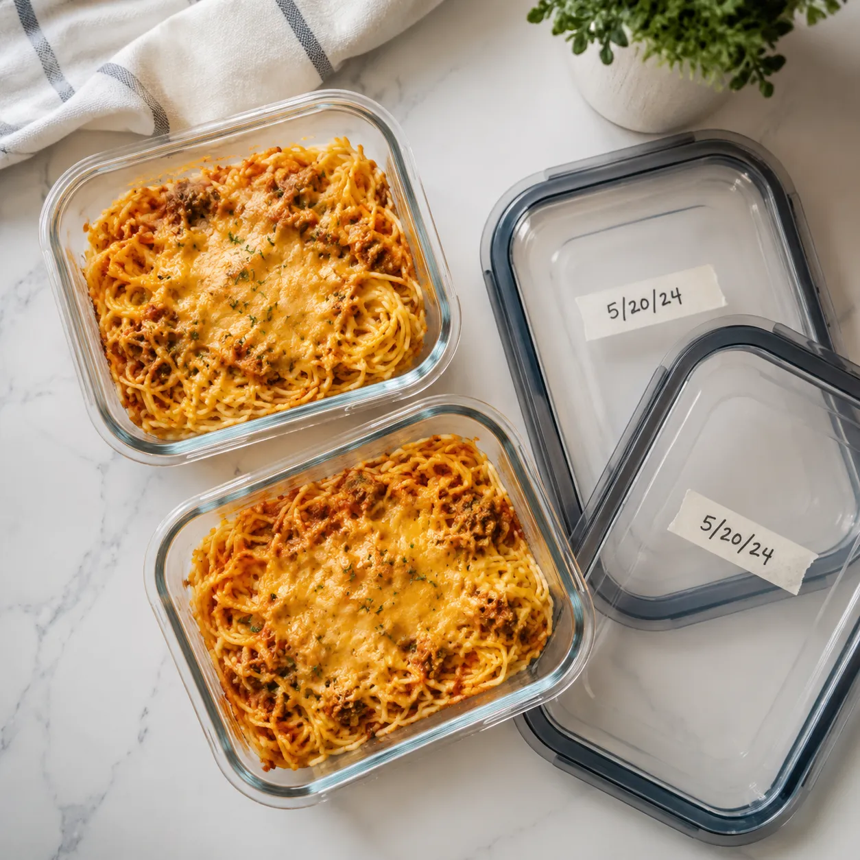 Storing leftover million dollar spaghetti in meal-prep containers