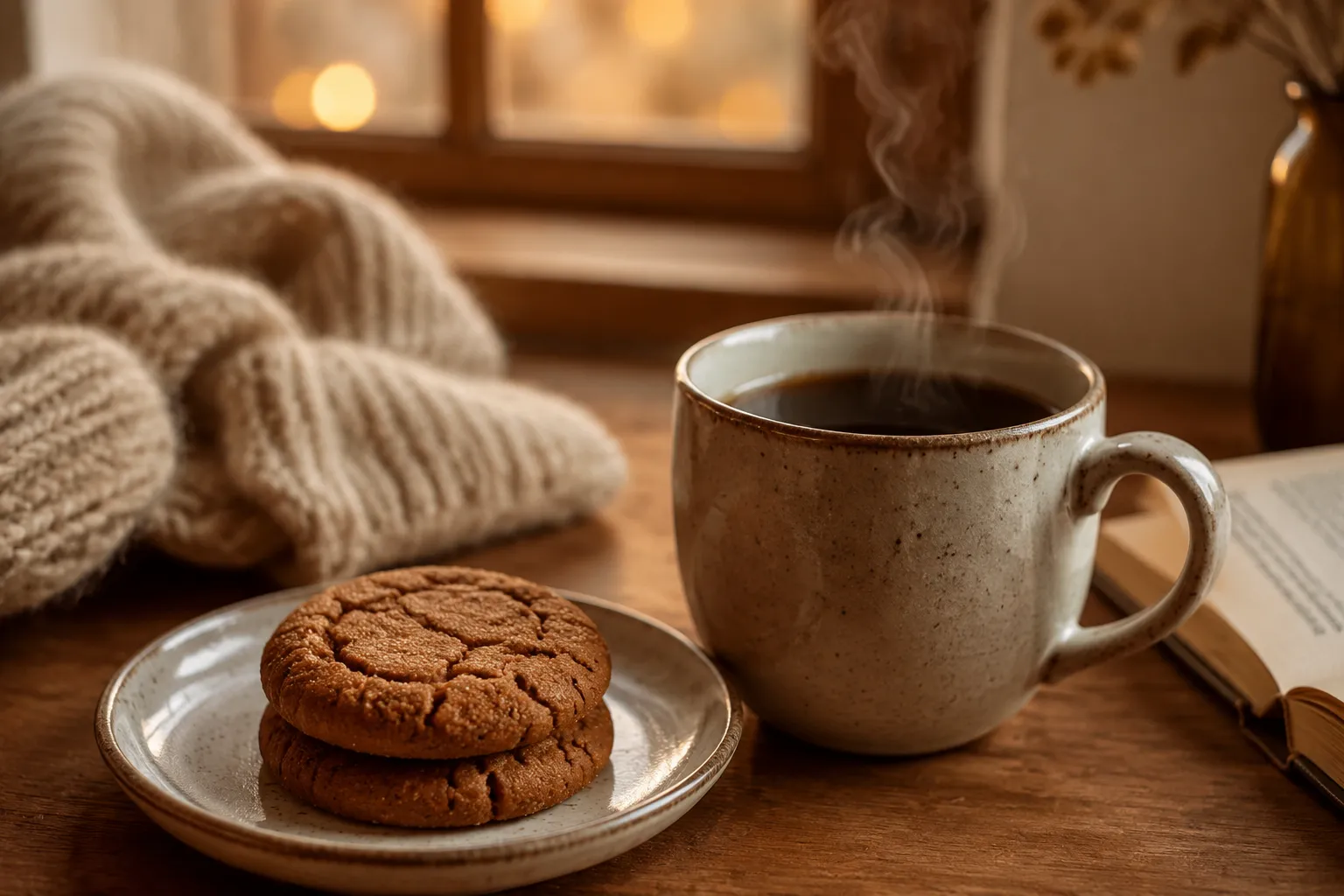 Gingersnap cookies served with coffee for a cozy holiday snack.