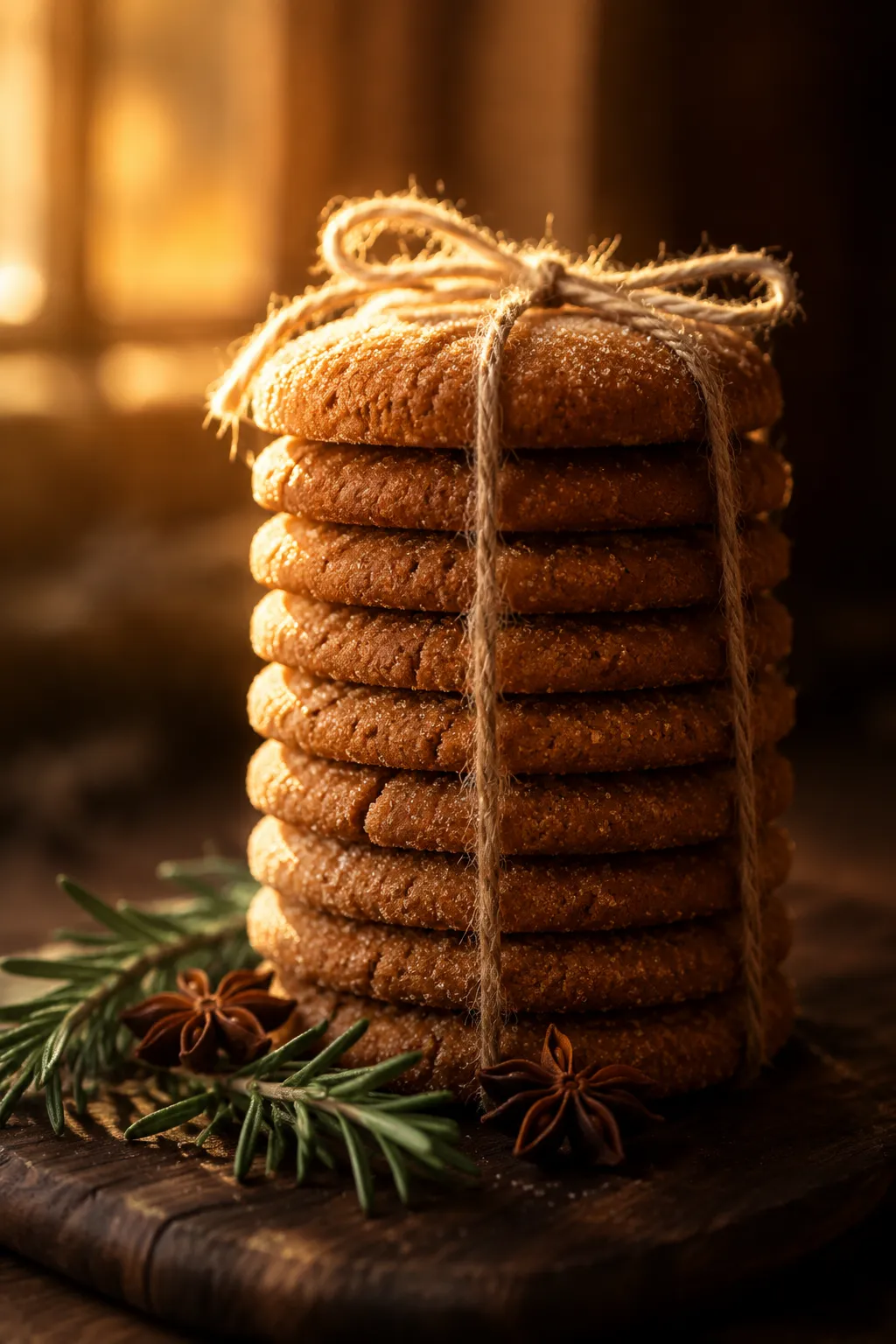 Tall stack of ginger snaps cookies tied with twine for a holiday gift.