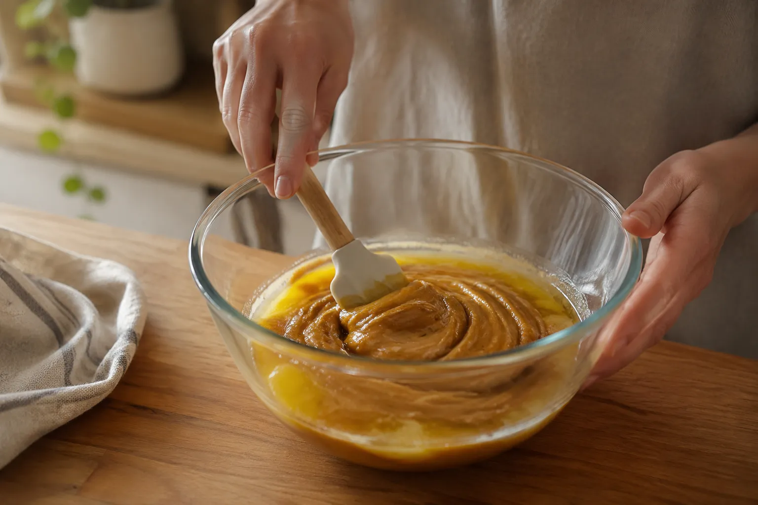 Stirring melted peanut butter and butter for fudge