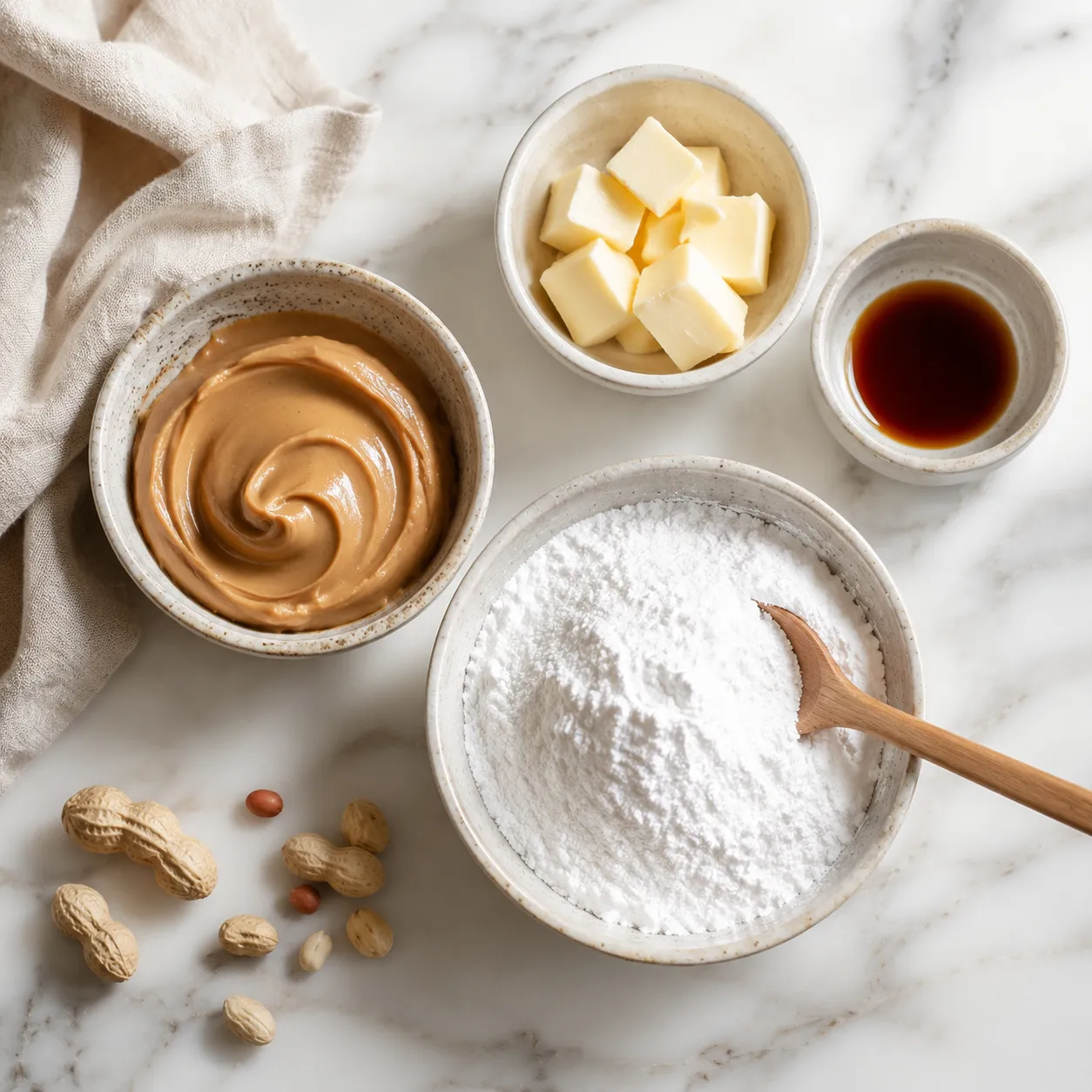 Peanut butter fudge ingredients flatlay with peanut butter and powdered sugar