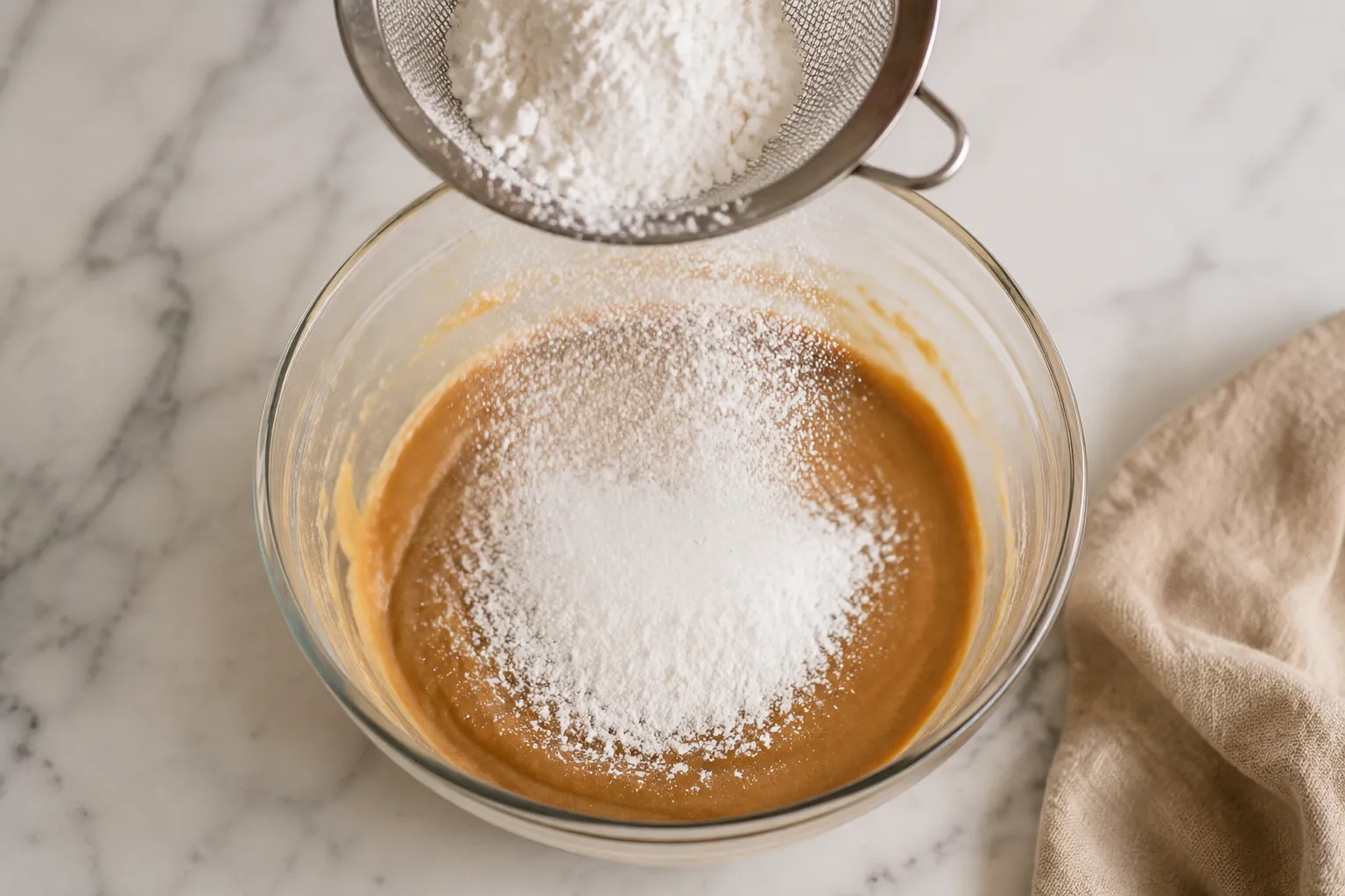 Sifting powdered sugar into peanut butter fudge mixture