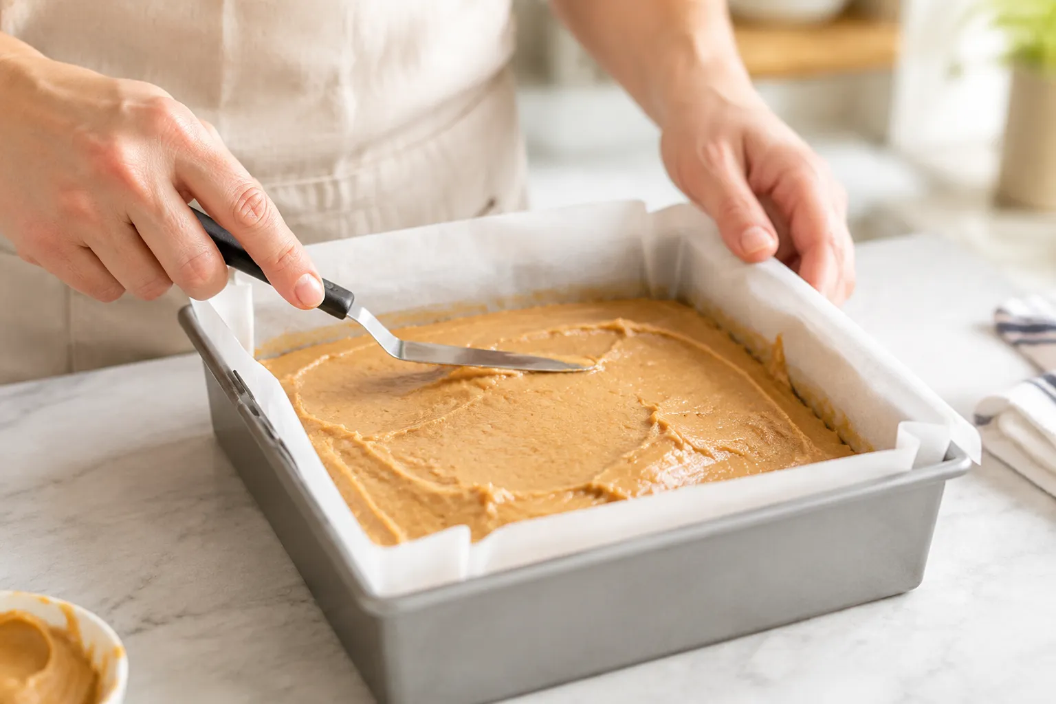 Pressing peanut butter fudge into parchment-lined pan