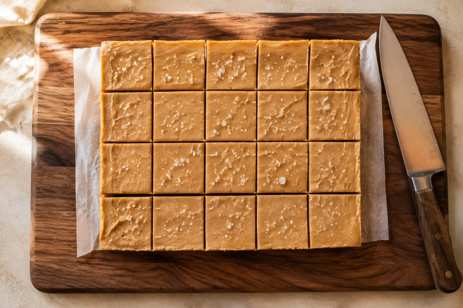 Sliced peanut butter fudge squares on wooden cutting board