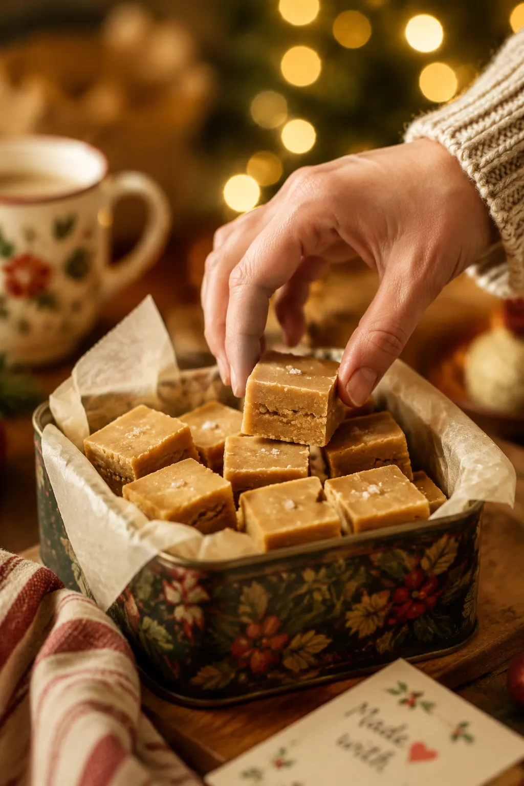 Hand grabbing peanut butter fudge from holiday gift tin