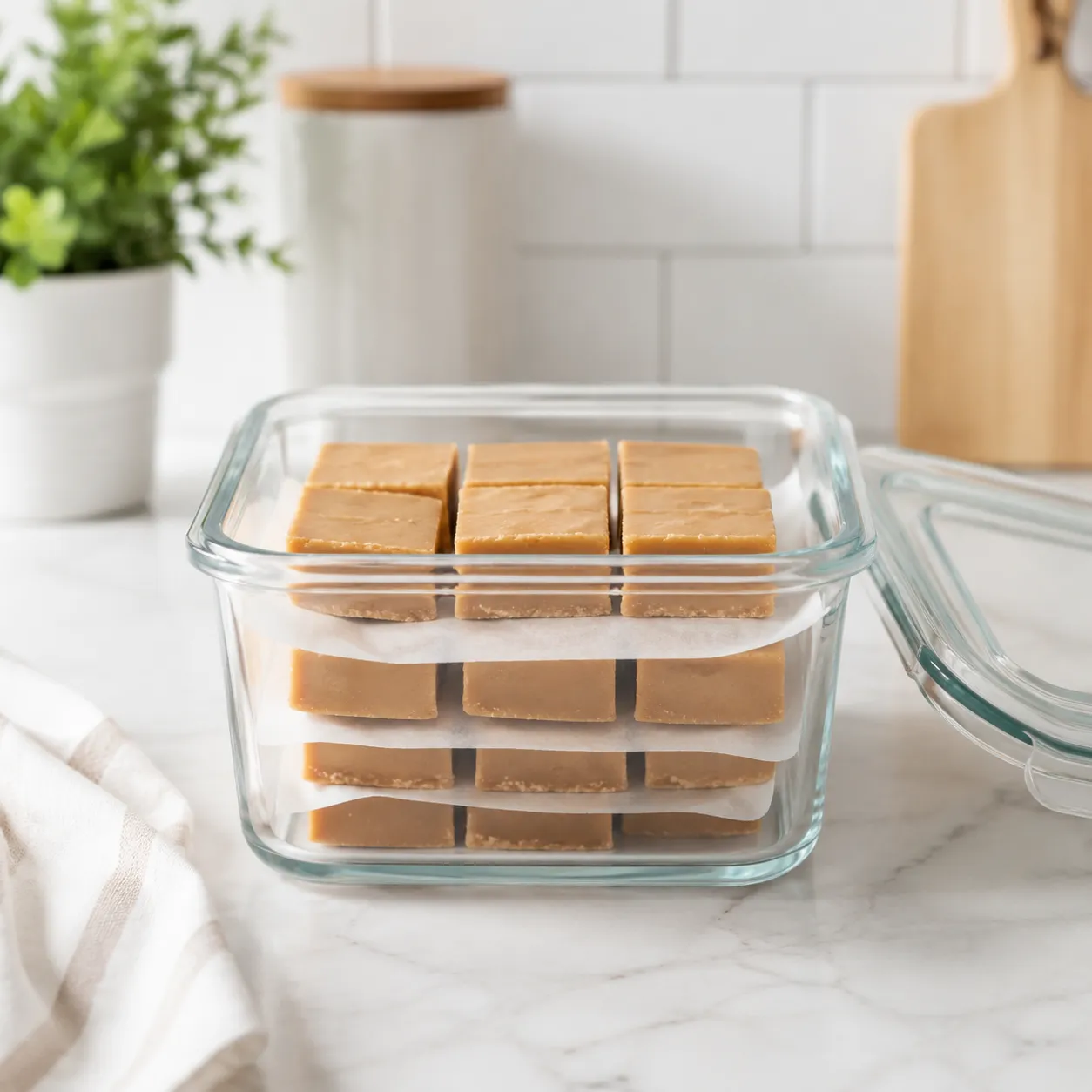 Storing peanut butter fudge in airtight container with parchment
