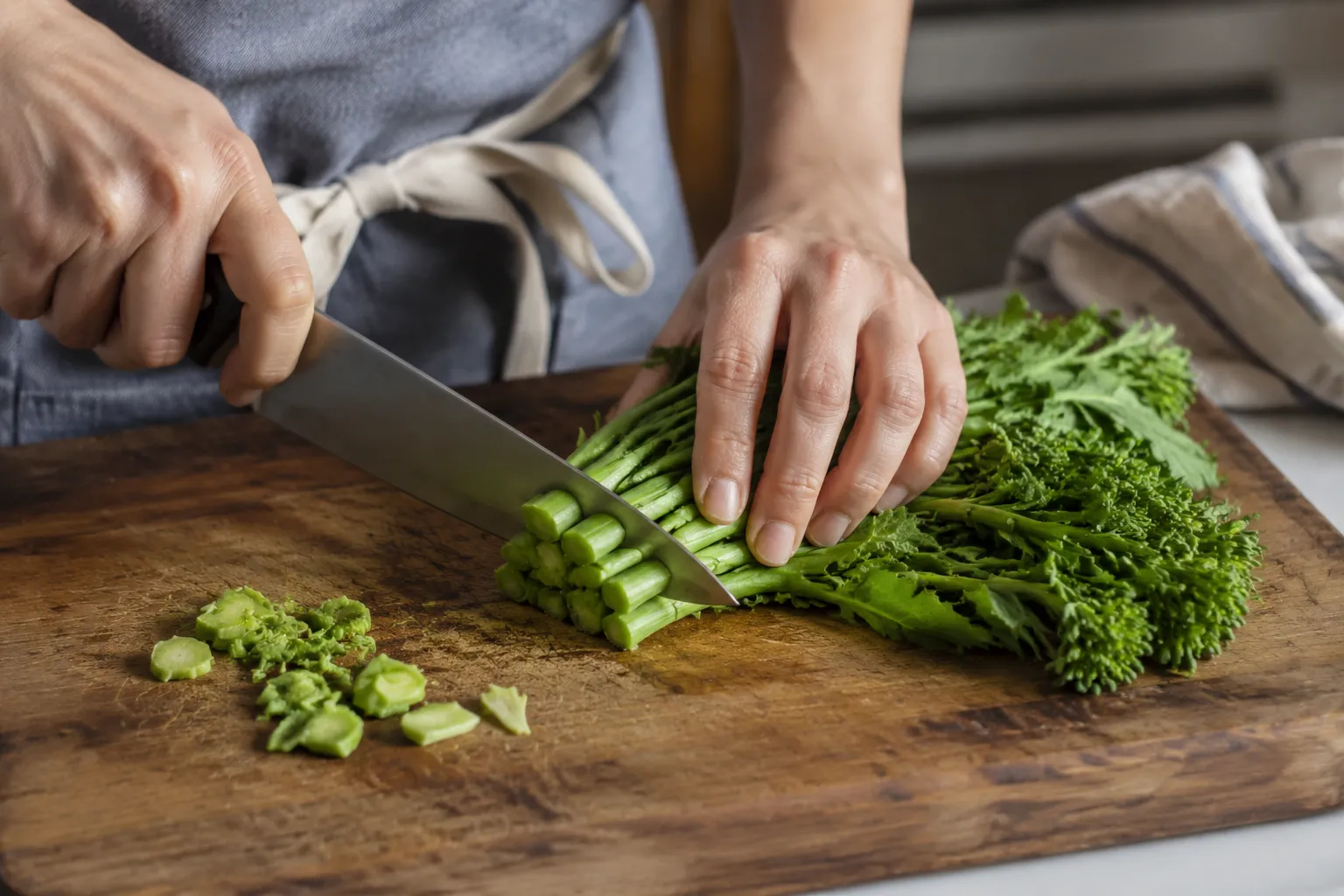 Trimming broccoli rabe stems before cooking